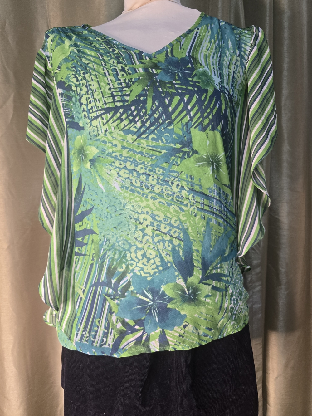 Elle Green and Teal Tropical V-Neck Blouse